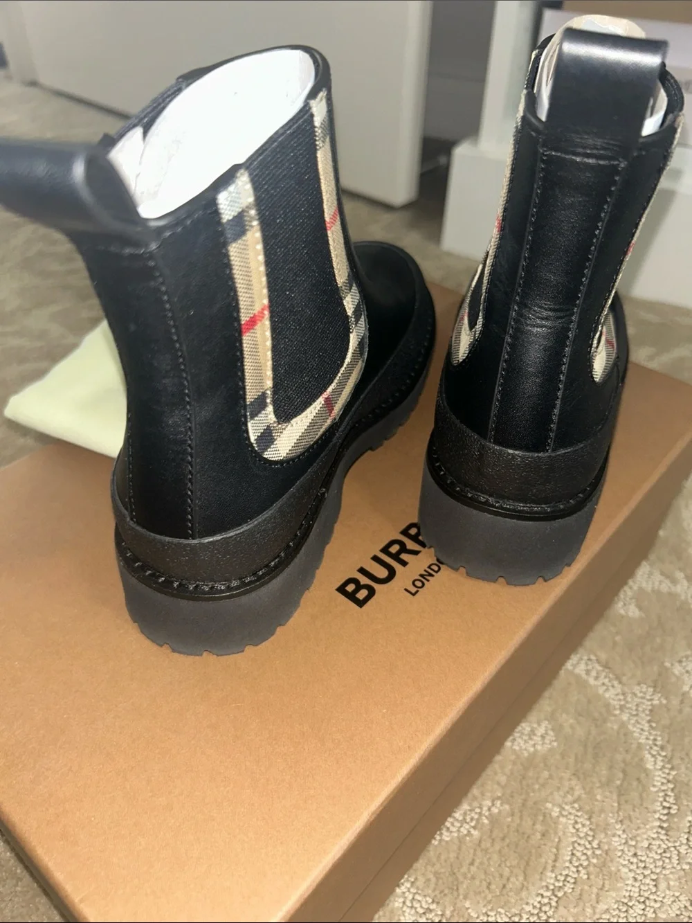 Burberry Black Chelsea Booties with Iconic Beige Check Trim